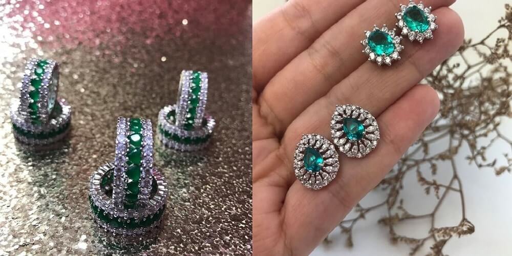 Brincos e anéis com pedra esmeralda