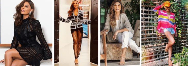 quatro fotos da atriz Juliana Paes usando roupas de diversos estilos