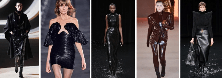 cinco fotos de modelos diferentes desfilando em passarela usando looks com couro