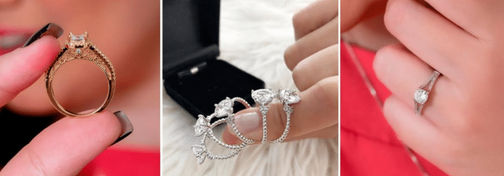 imagens ampliadas de modelo usando anel solitário com jóias