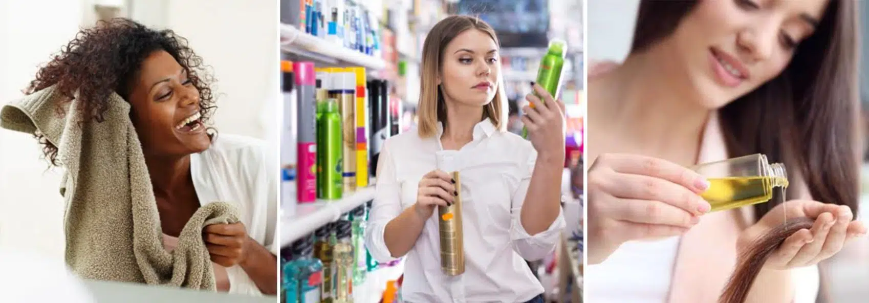 imagens de mulheres comprando e usando produtos para hidratar o cabelo
