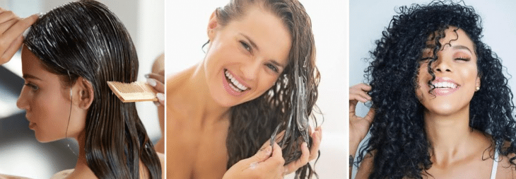 imagens de mulheres hidratando os cabelos de diferentes formas