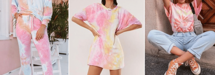 imagem de modelo usando camiseta tie dye em cores amarela e rosa
