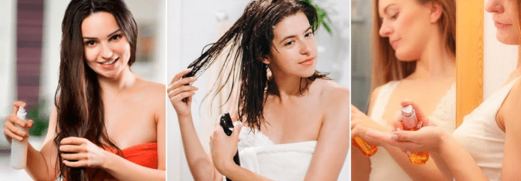 três imagens de mulheres aplicando protetor térmicos nos cabelos molhados