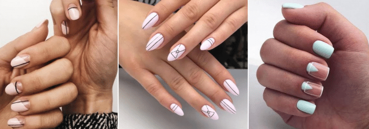 imagem de mão com unhas decoradas com desenhos geométricos