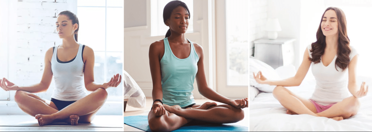 três fotos de diferentes mulheres meditando e buscando a sensação de bem estar