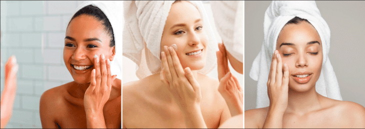 fotos de três mulheres diferentes aplicando cremes para o rosto após saírem do banho