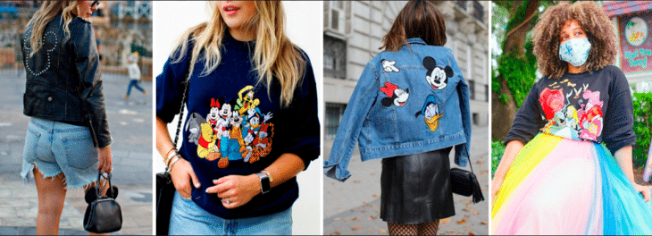 quatro fotos em uma de mulheres usando roupas nas cores azuis e preta com referências à personagens da Disney