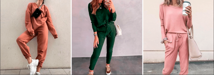 três fotos de mulheres usando looks de calça jogger junto de peças superiores que combinam com a calça e de diversas cores