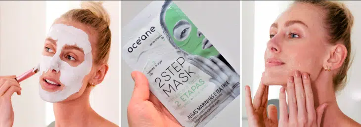duas imagens de uma mulher usando máscara anti oleosidade da océane