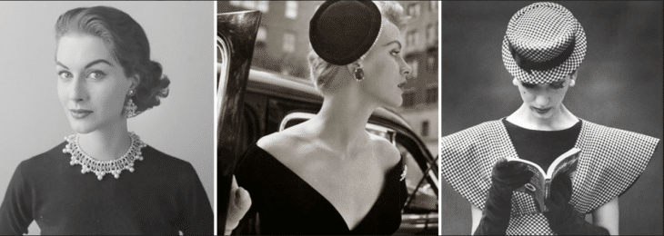 três fotos em preto e branco de mulher da década de 50 usando diferentes tipos de adereços