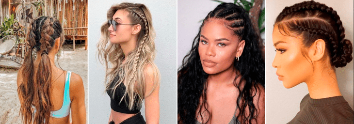quatro fotos de mulheres diferentes usando penteados trançados