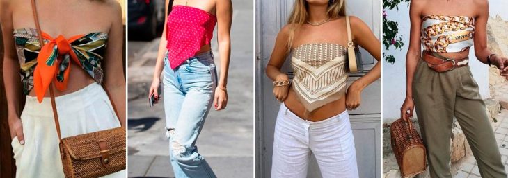 quatro fotos de mulheres usando calça jeans e bandana ao redor do torso