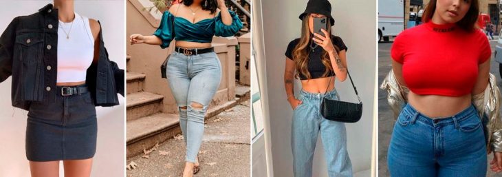 quatro fotos de mulheres usando cropped de diferentes cores com calça jeans