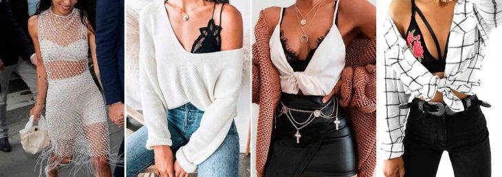 quatro fotos de diferentes usando modelos de bralette na cor branca e preta