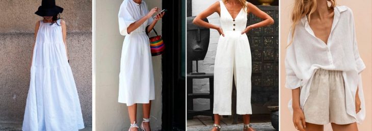 quatro fotos de mulheres usando roupas branca, como bermudas e vestidos, com modelagem ampla