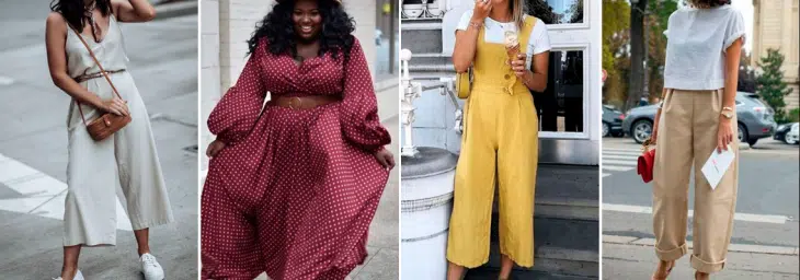 quatro fotos de mulheres diferentes usando roupas com texturas naturias nas cores brancas, amarela, bege e rosa