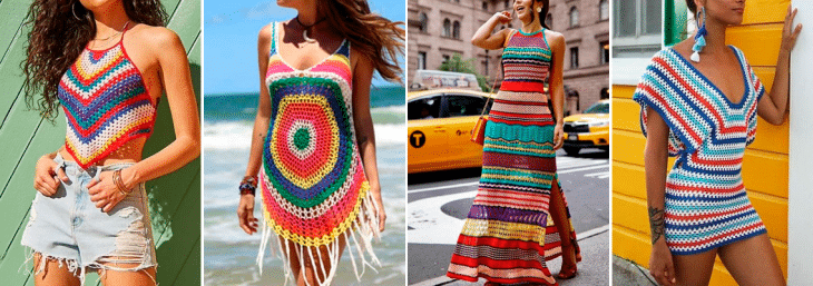 quatro fotos de mulheres usando roupas de tricot colorido, modelos como vestidos e camiseta sem manga ou alça