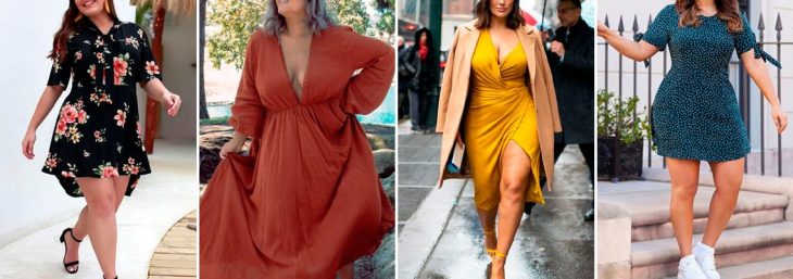 quatro fotos de mulheres usando looks plus size compostos por vestidos de cores verdes, amarela, preta e marrom