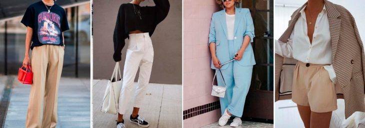 quatro fotos de diferentes mulheres usando peças de alfaiataria para compor looks discretos