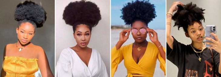quatro fotos de mulheres usando o penteado afro puff
