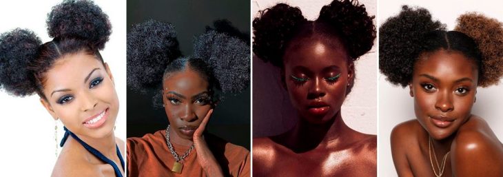quatro fotos de modelos negras com coque-duplo na cabeça