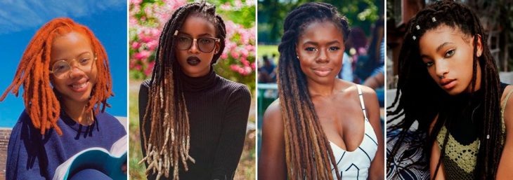 quatro fotos de modelos e atrizes usando dreads nos cabelos