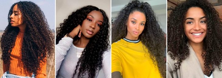 quatro fotos de mulheres negras com cabelo encaracolados e compridos