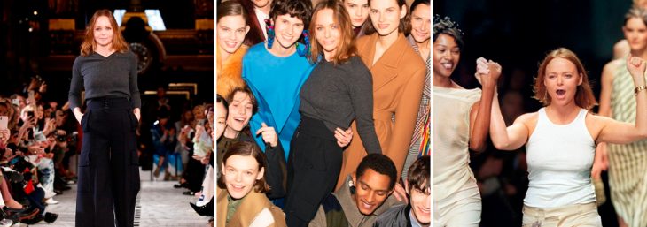 três imagens de stella mccartney em desfiles de moda