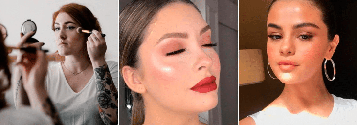três imagens de mulheres destacando a aplicação de iluminador para a maquiagem home office