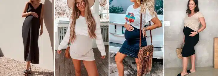 quatro fotos de grávidas usando moda gestante