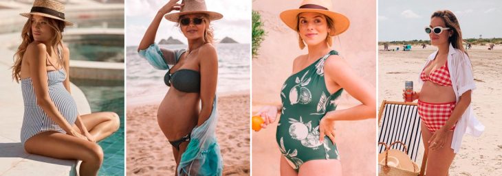 quatro fotos de mulheres usando moda gestante na praia