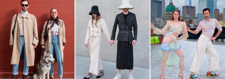 três imagens de um casal usando looks complementares