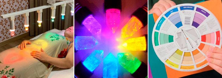 três imagens com diferentes espectros de luzes coloridos