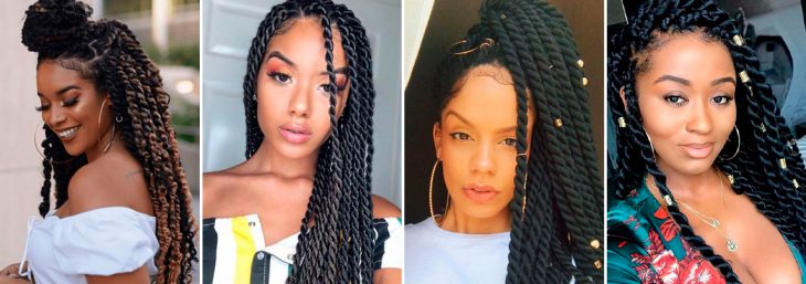 quatro fotos de mulheres usando tranças twists e diferentes formatos e tamanhos