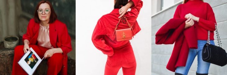 Três looks com vermelho para inspirar: primeiro com blazer e calça, segundo com calça e jaqueta e perceiro com blusa de lã e casaco