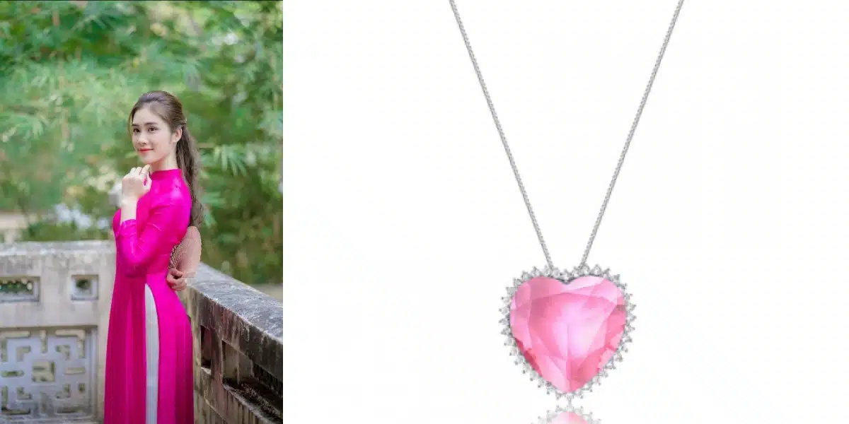 Mulher usa look em rosa pink à direita com destaque para colar com pingente de coração com cristal rosa claro à esquerda