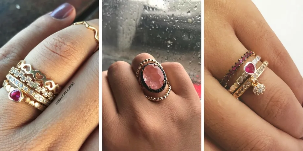 três imagens ampliadas de anéis com pedras cor de rosa