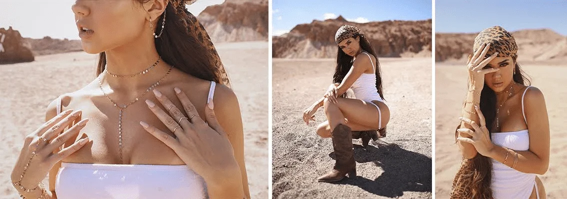 três fotos de modelo em deserto usando body branco, bota marrom e véu com estampa de onça
