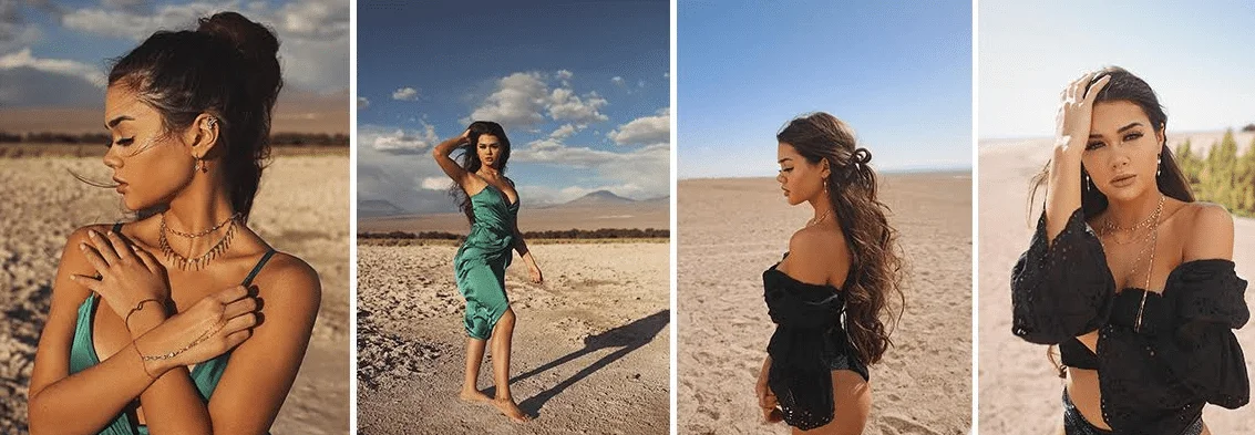 quatra fotos de Franciny Ehlke em um deserto usando um vestido verde e um body preto com mangas bufantes 