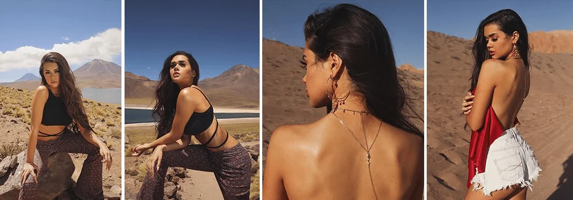 quatro fotos da modelo Franciny Ehlke no deserto usando diferentes conjuntos de roupas