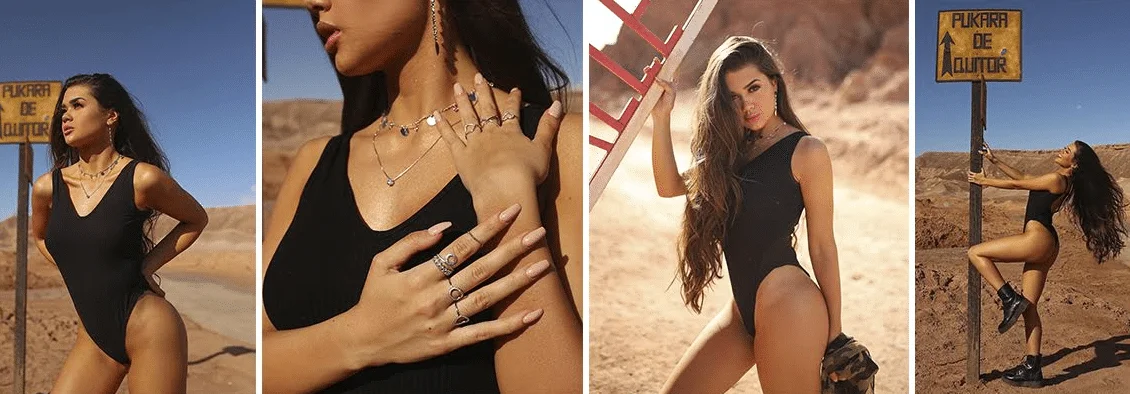 fotos de Franciny Ehlke em deserto usando maiô preto, com anéis e colares em foco