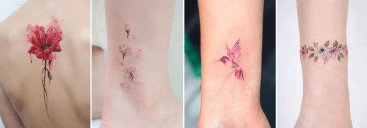 quatro fotos de tatuagens femininas em estilo aquarela