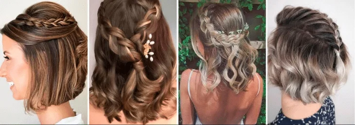 quatro fotos de diferentes mulheres com tranças em cabelos curtos de diferentes cores e texturas