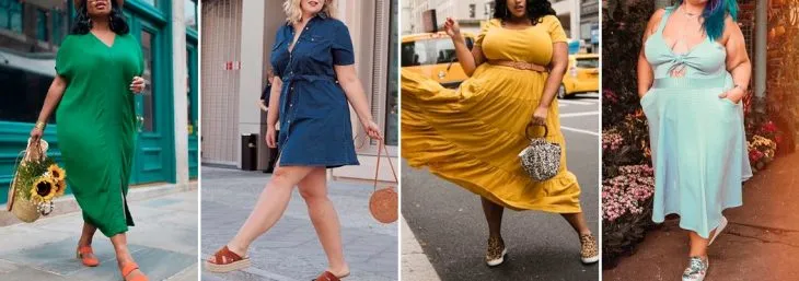 quatro fotos de mulheres usando looks casuais puls size de cores amarela, azul, verde e branco