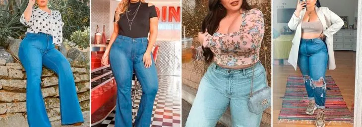quatro fotos de mulheres usando looks plus size com calças jeans azuis