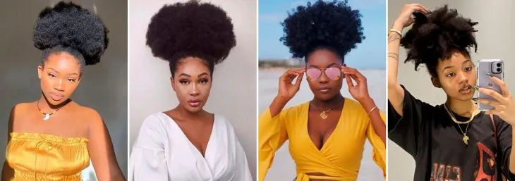 quatro fotos de mulheres usando o penteado afro puff