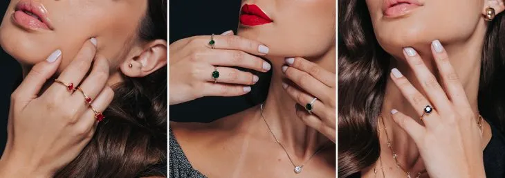 três imagens de uma mulher usando anéis solitários de cor preta