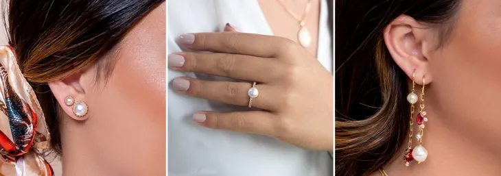 três imagens de mulheres usando anéis, colares e brincos de pérolas