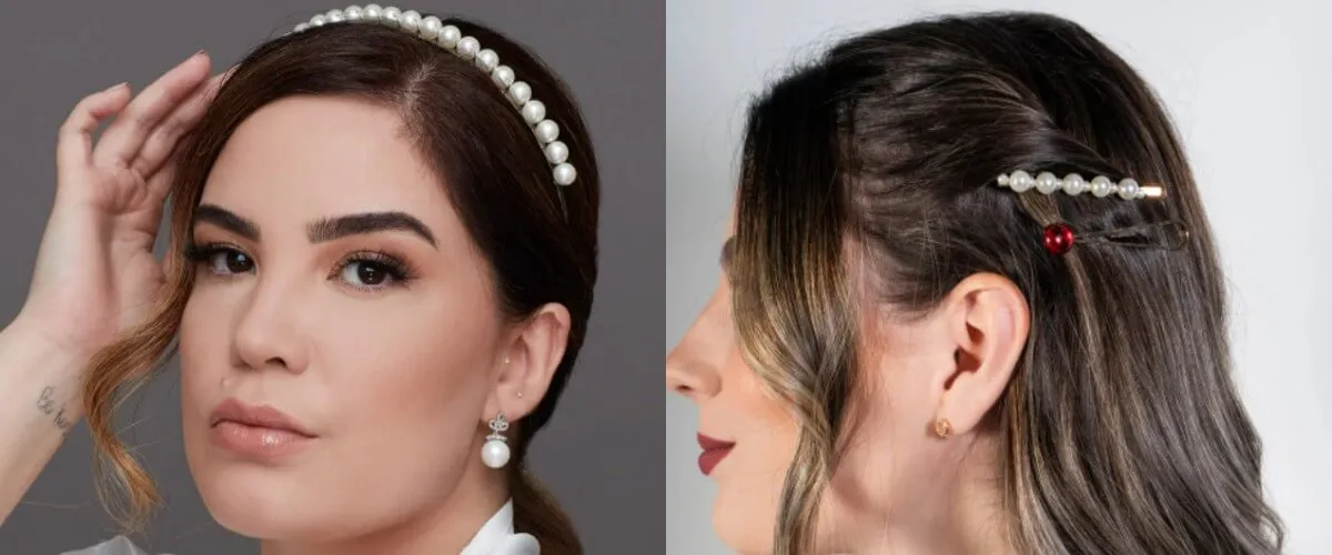 Mulher usa tiara de pérolas à direita e presilha de pérolas à esquerda